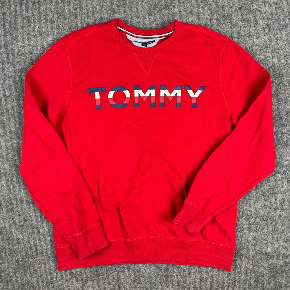 Tommy Hilfiger Sweatshirt Mens Size L Red Logo Graphic Crew Neck Pullover